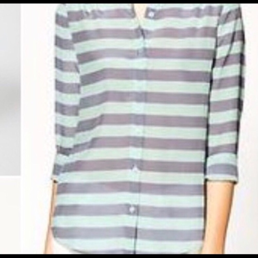 Pim & Larkin mint and gray striped blouse button
